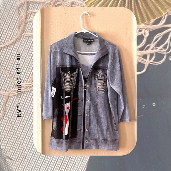 🆕 🎉 Valentina • Woman in Hat abstract denim-print mesh zip jacket & tank top set - Picture 1 of 16